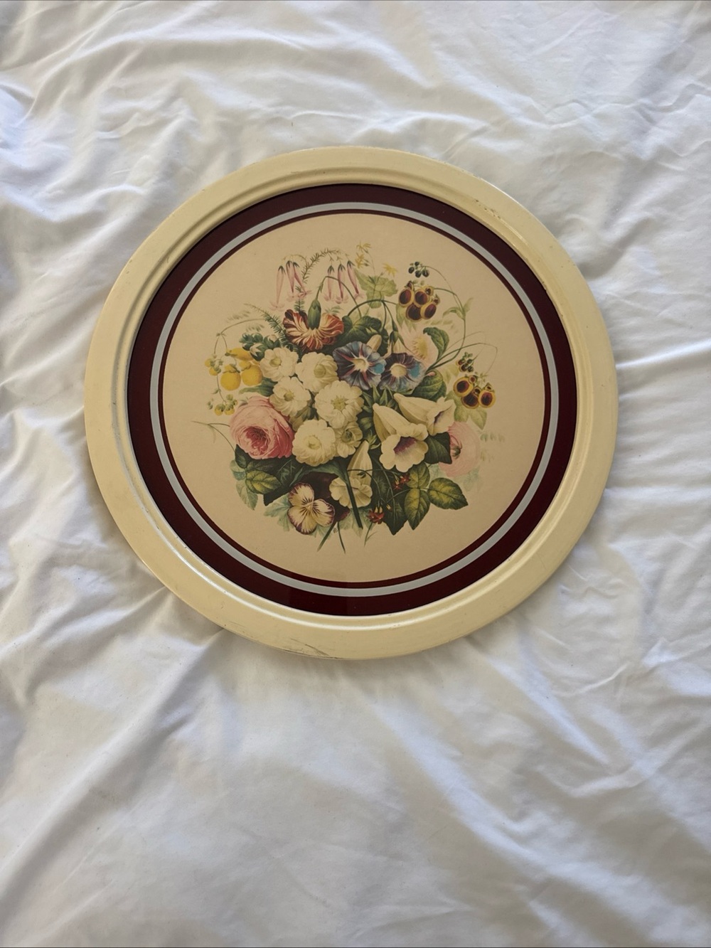 Floral IBF Co Round Wall Plaque in Cream and Burgundy